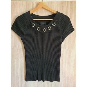 RQT Black Ribbed Sweater Top Small Eyelet Neck Short Sleeve Knit Pullover